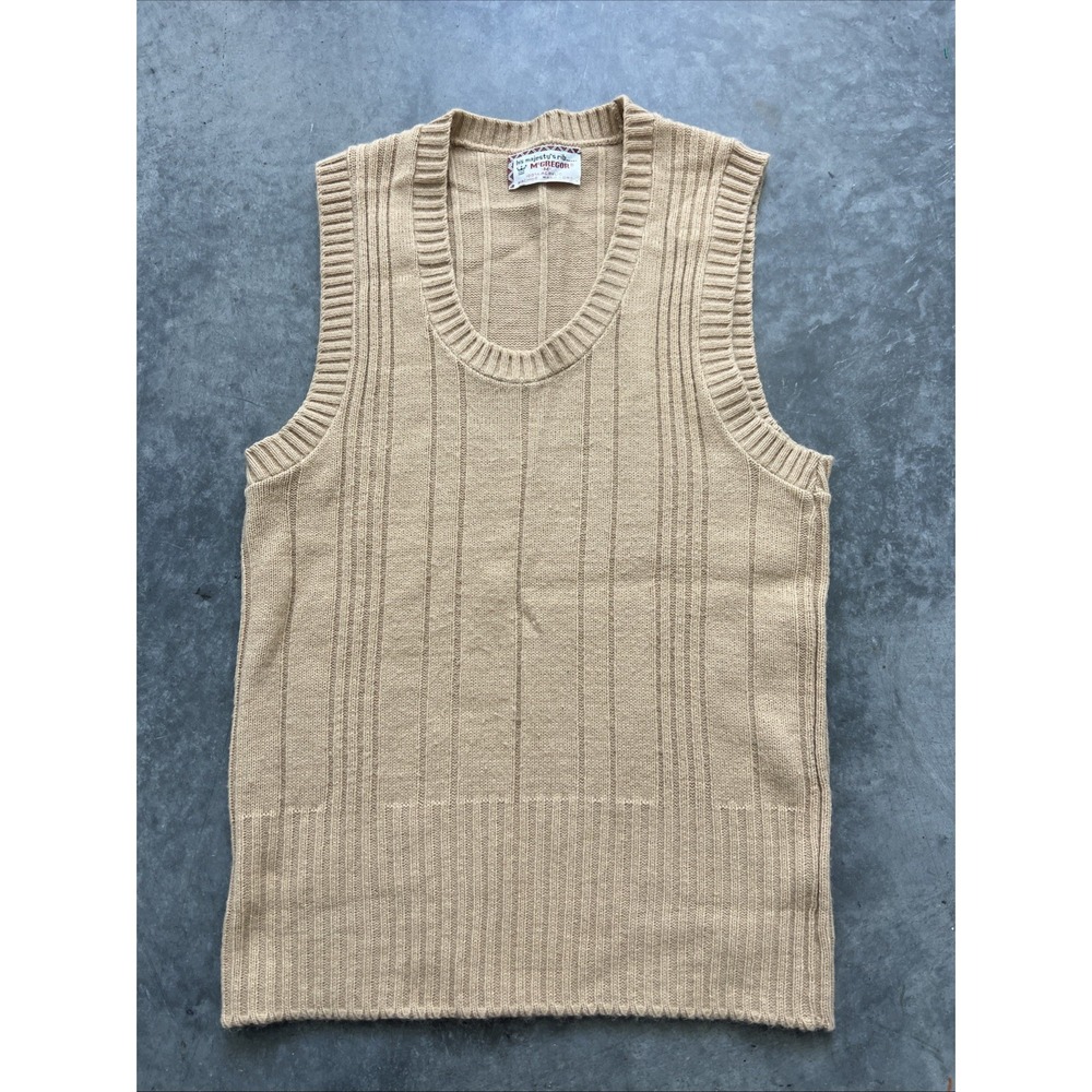 Vintage McGregor Ribbed Knit Sweater Vest Mens Tan Beige Scoop Neck Sleeveless L